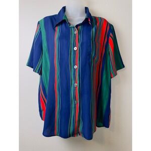 Cathy Che Vintage Striped Button Down Shirt Womens 14 Blue Green Red Retro Top